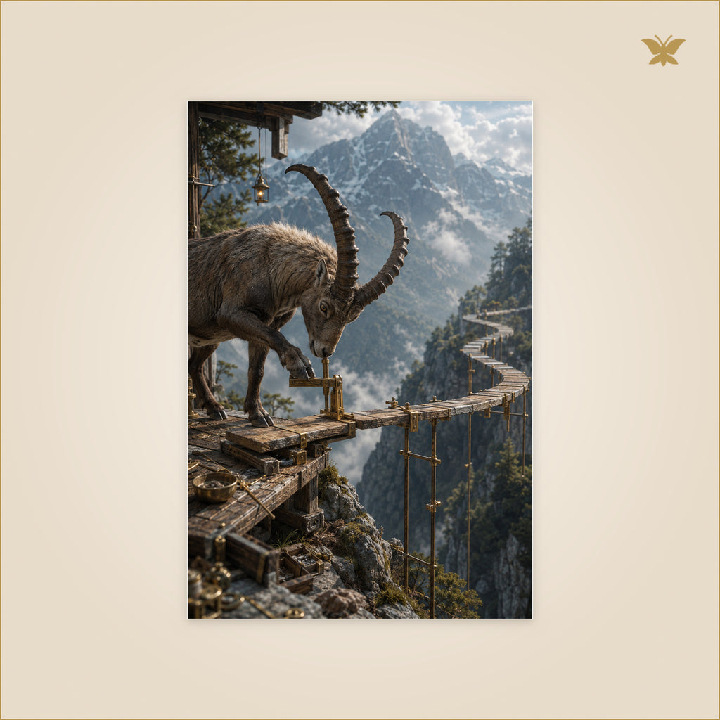 The Ibex Who Built Across the Air — bouquetin fixant une passerelle fine suspendue au-dessus d’une vallée alpine — format 60 × 90 cm
