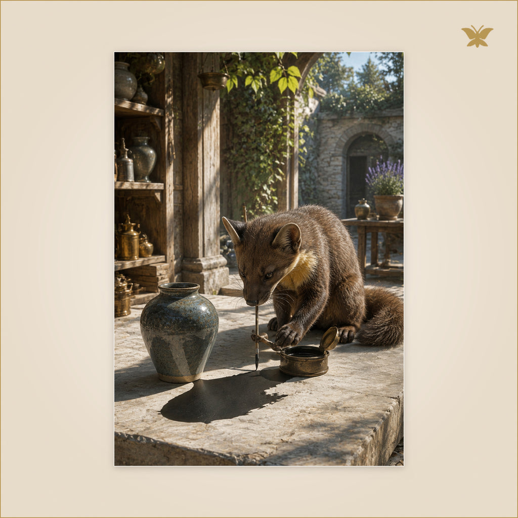 The Marten Restorer of Shadows — martre réparant au pinceau l’ombre trouée d’un vase dans une cour lumineuse — format 70 × 100 cm