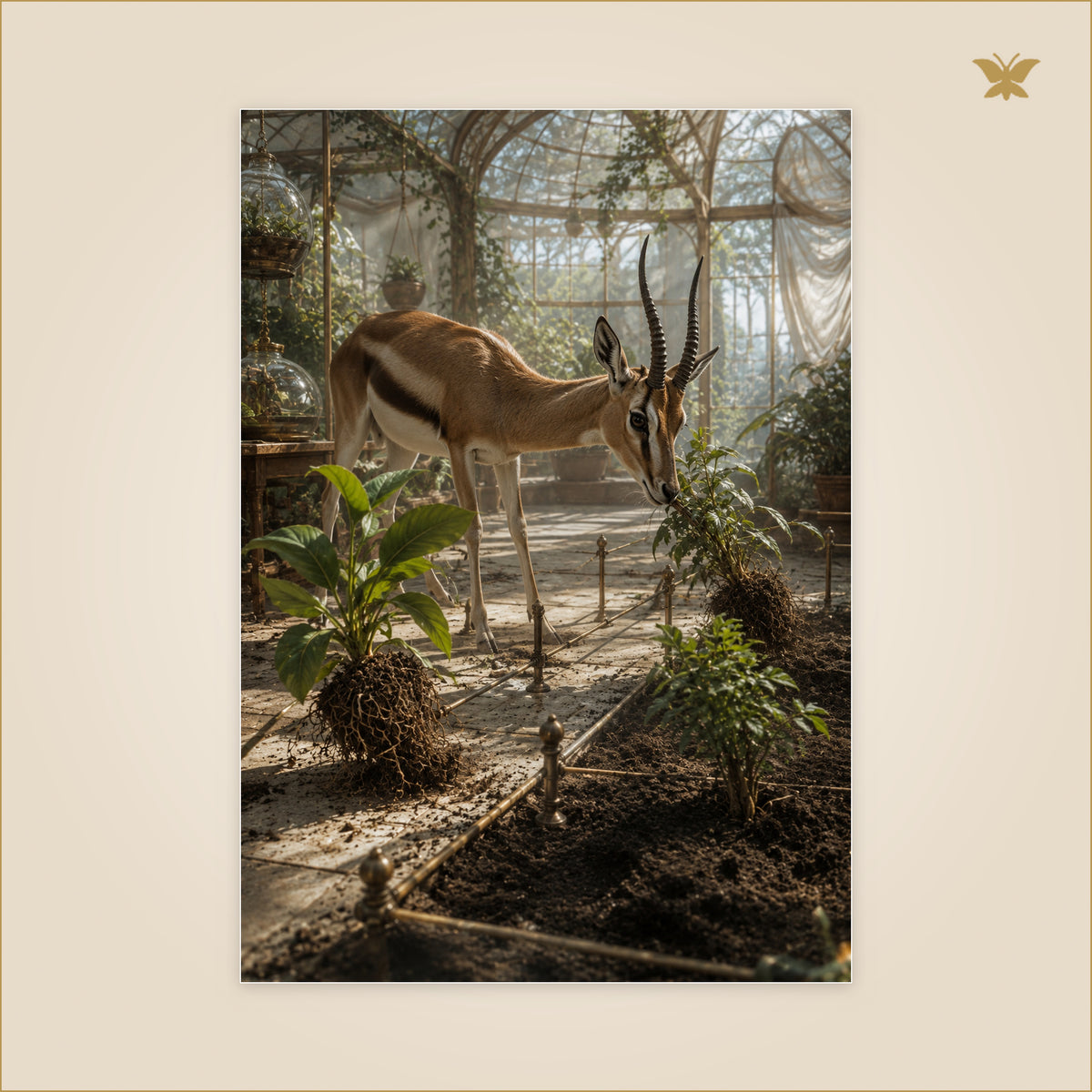 The Gazelle Who Guided Restless Plants — gazelle guidant des plantes déracinées vers la lumière dans une grande serre — format 70 × 100 cm