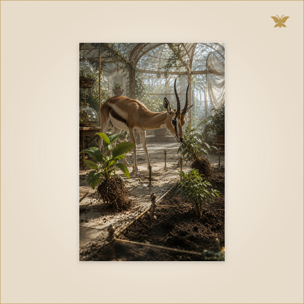 The Gazelle Who Guided Restless Plants — gazelle guidant des plantes déracinées vers la lumière dans une grande serre — format 60 × 90 cm