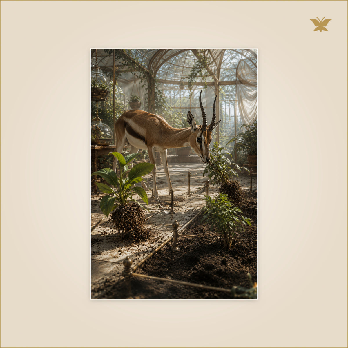 The Gazelle Who Guided Restless Plants — gazelle guidant des plantes déracinées vers la lumière dans une grande serre — format 60 × 90 cm