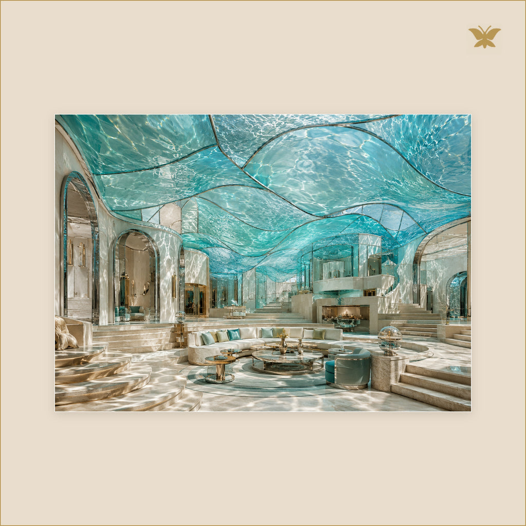 The Salon Beneath the Glass Tide — tableau aluminium, mockup grand format