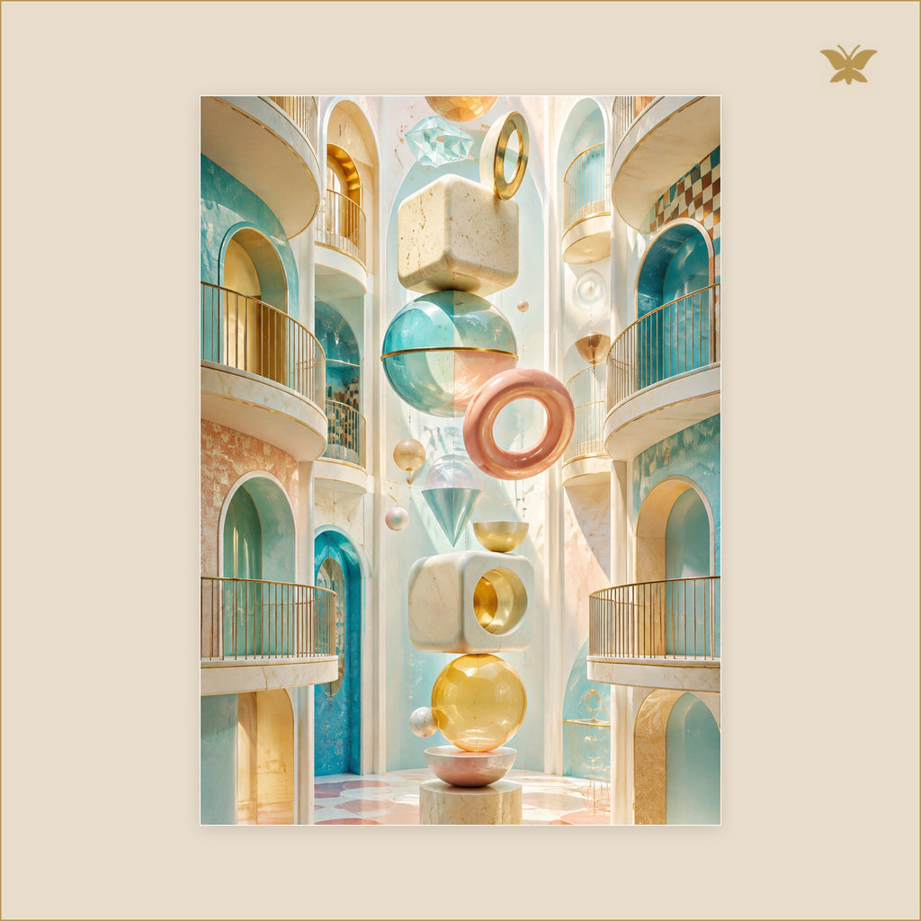 The Balcony of Floating Volumes — tableau aluminium, mockup grand format
