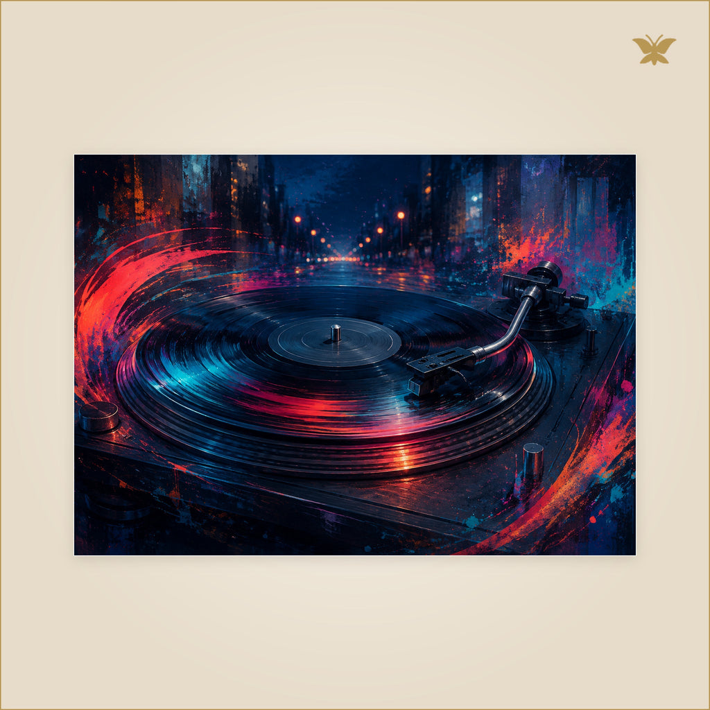 The Turntable That Woke the Avenue — tableau aluminium, mockup grand format