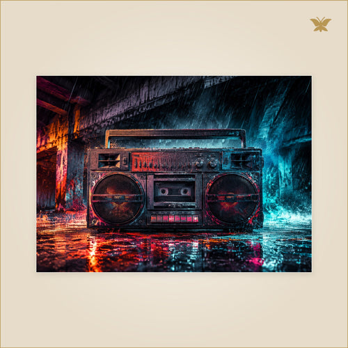 The Boombox Beneath the Electric Rain — tableau aluminium, mockup grand format