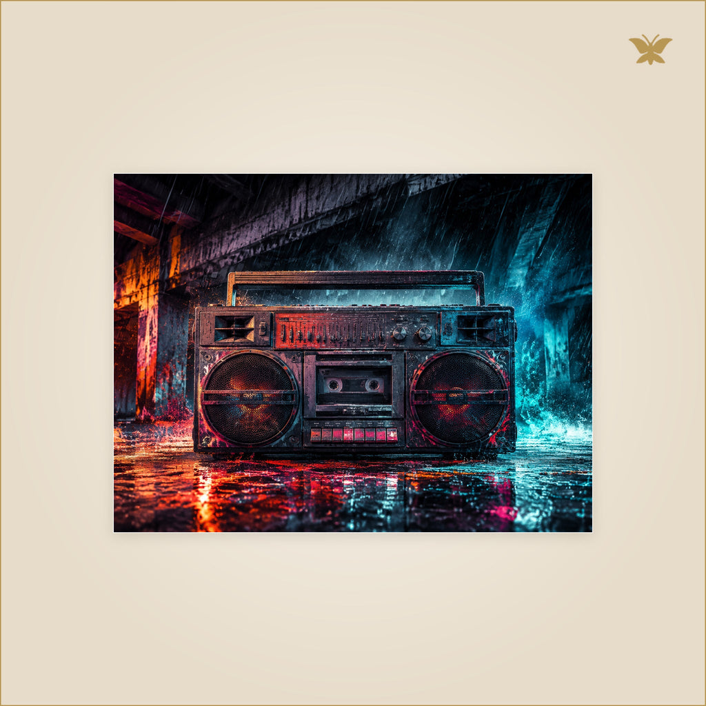 The Boombox Beneath the Electric Rain — tableau aluminium, mockup petit format