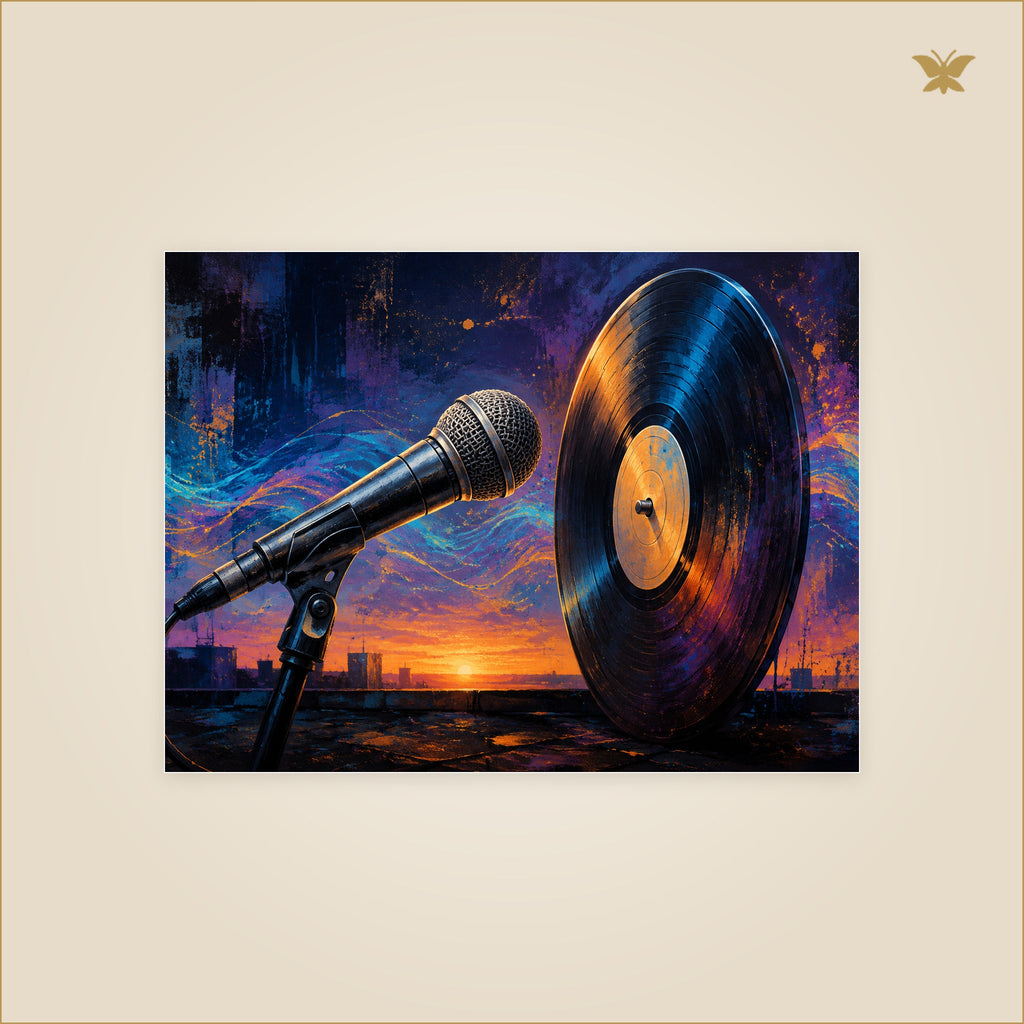 The Microphone at the Edge of Dawn — tableau aluminium, mockup petit format