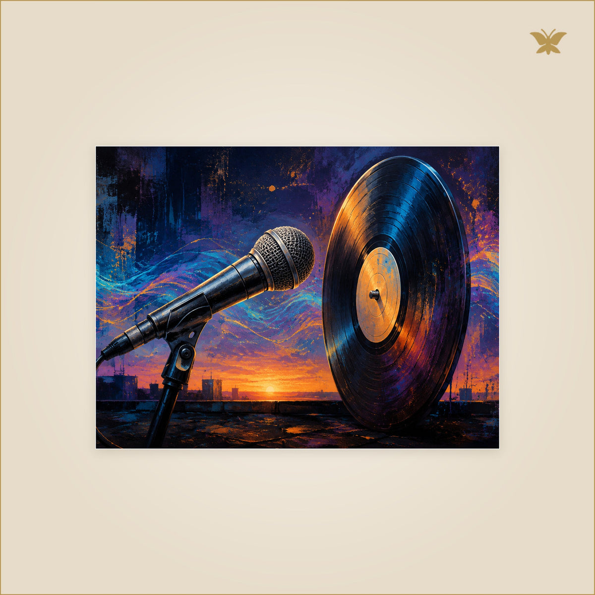 The Microphone at the Edge of Dawn — tableau aluminium, mockup petit format