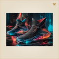 The Shoes That Crossed the Neon Block — tableau aluminium, mockup grand format