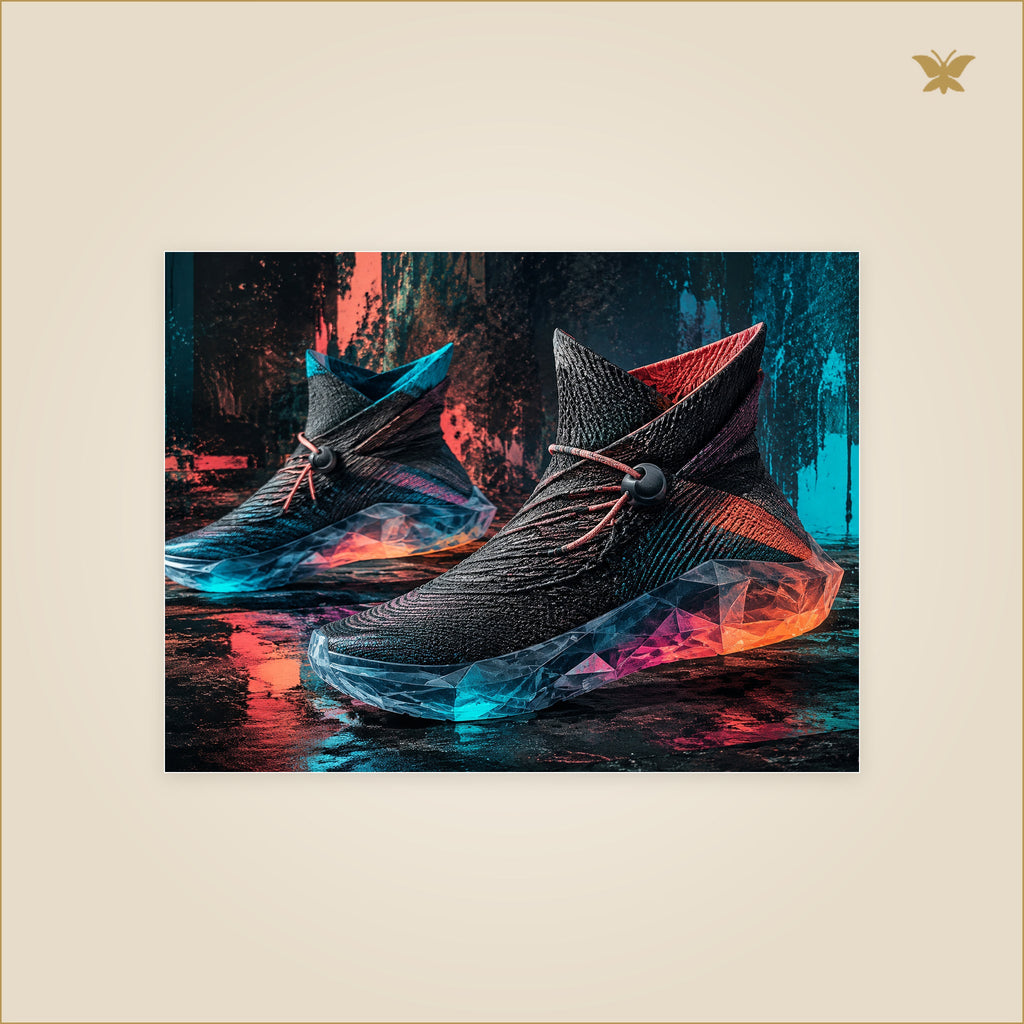 The Shoes That Crossed the Neon Block — tableau aluminium, mockup petit format