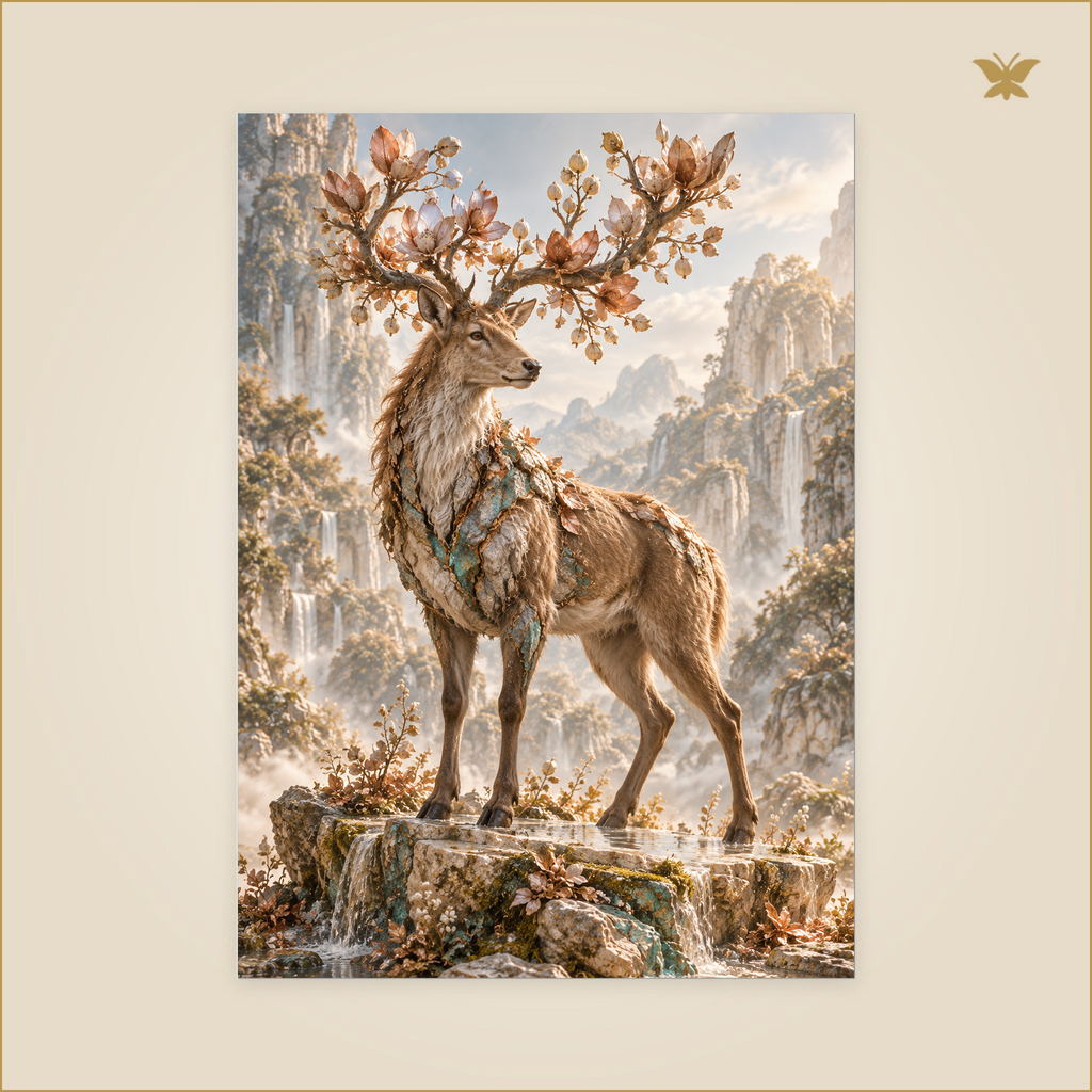 The Stag of Copper Petals — Grand 50 × 70 cm aluminium wall art