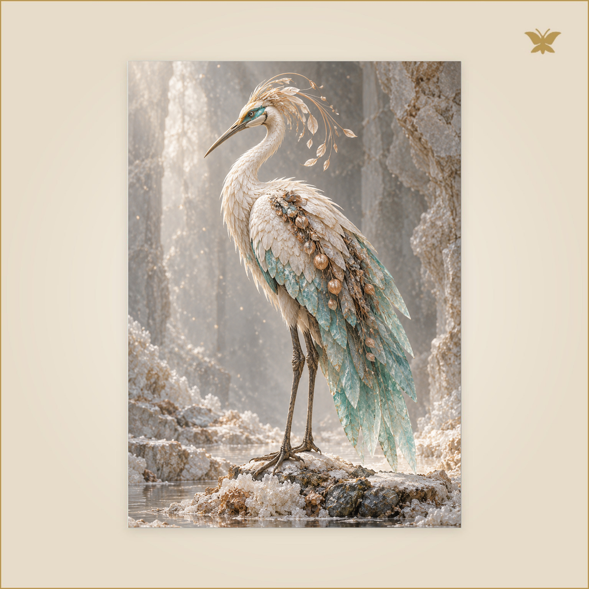 The Ivory Bird of Turquoise Memory — Grand 50 × 70 cm aluminium wall art