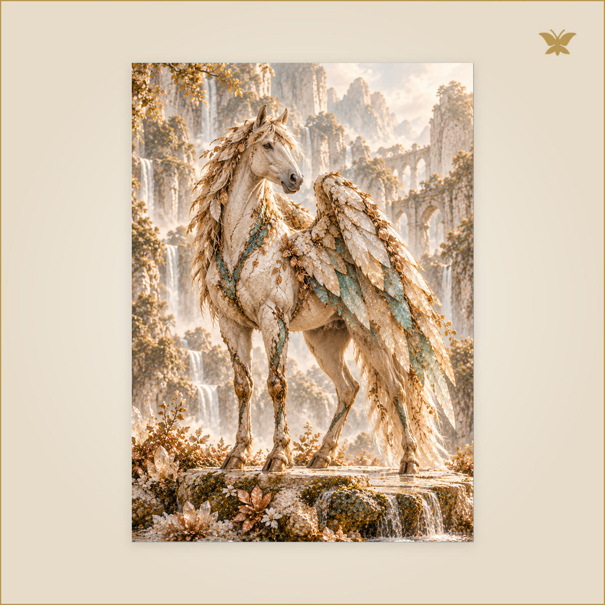 The Horse with Mineral Wings — Grand 50 × 70 cm aluminium wall art