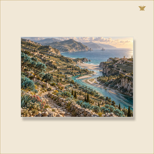The Blue Orchard at the River Mouth — mockup Premium grand 70 × 50 cm