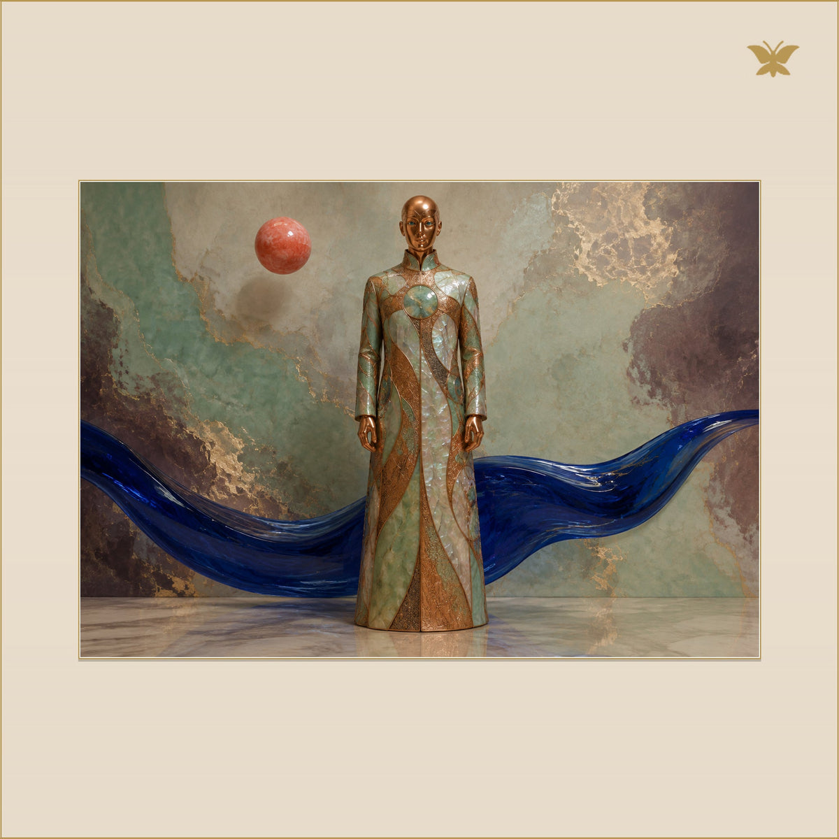 The Copper Figure and the Blue Tide — mockup grand 100 × 70 cm