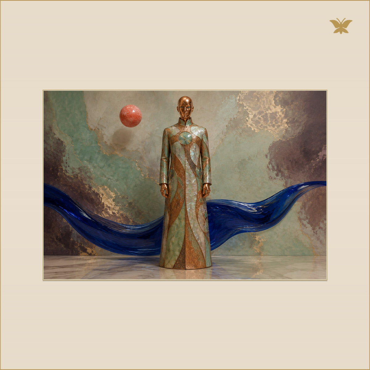 The Copper Figure and the Blue Tide — mockup petit 90 × 60 cm