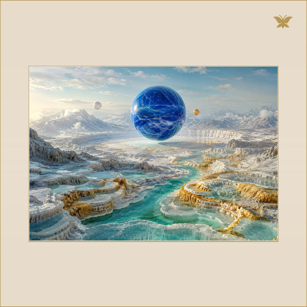 The Cobalt World Above the Golden Caldera — mockup Premium grand 100 × 70 cm