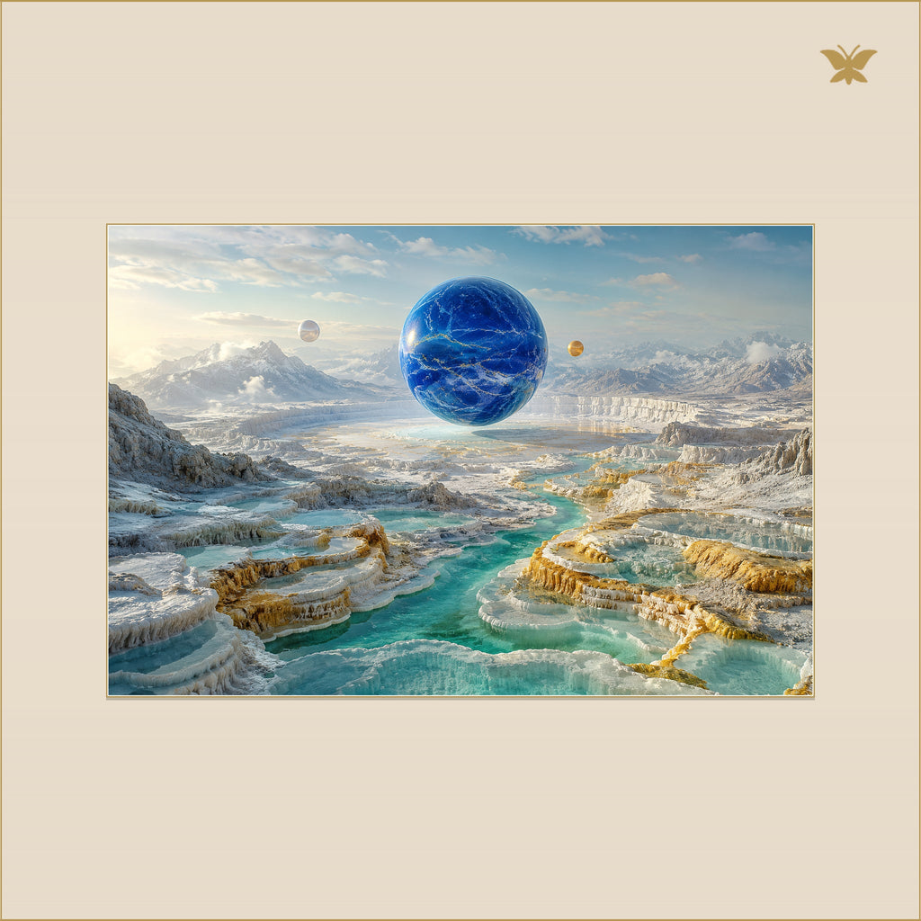 The Cobalt World Above the Golden Caldera — mockup Premium petit 90 × 60 cm