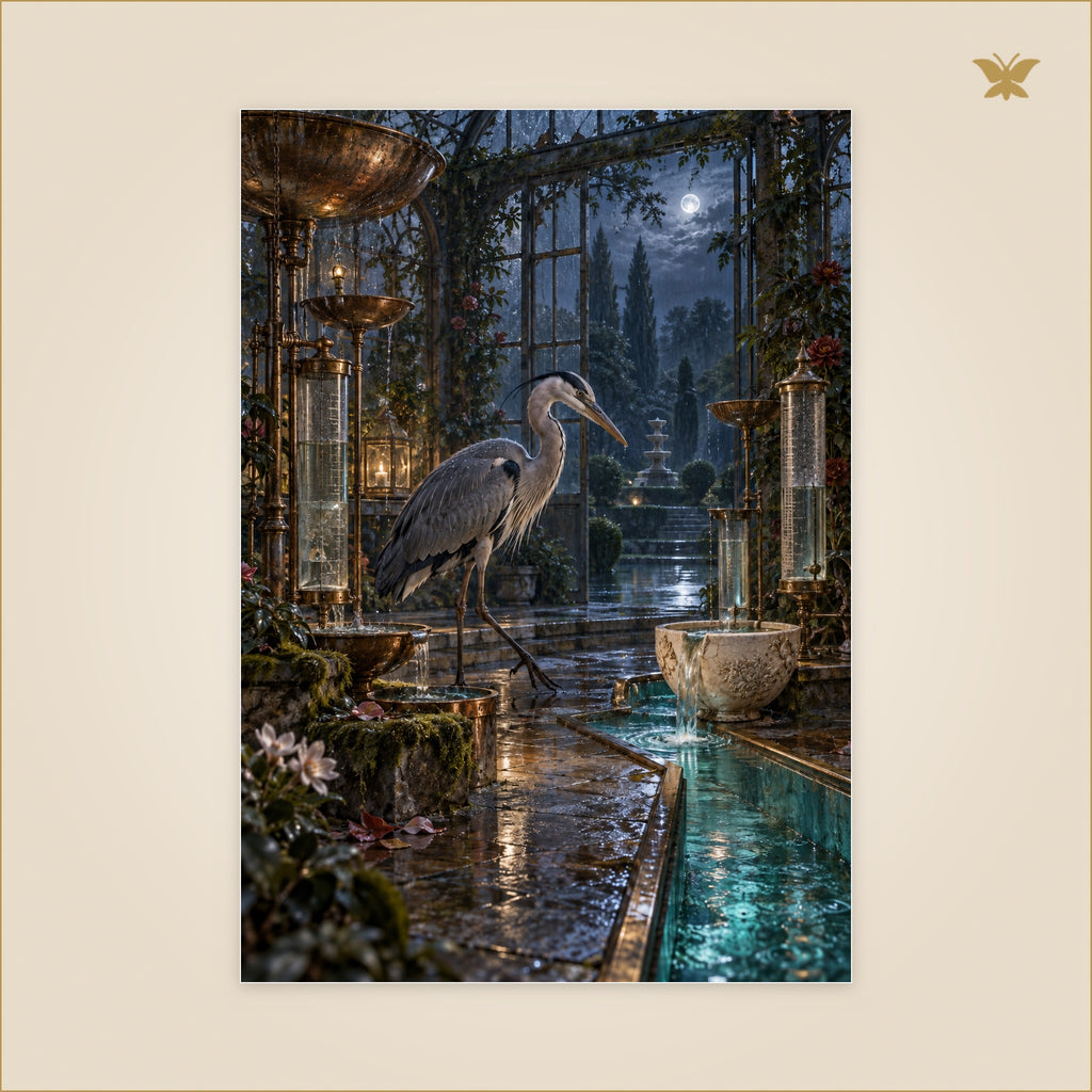 The Heron Who Measured the Rain — grand format 70 × 100 cm