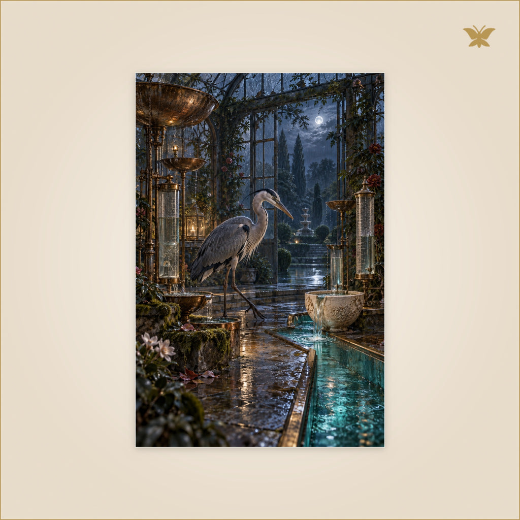 The Heron Who Measured the Rain — petit format 60 × 90 cm