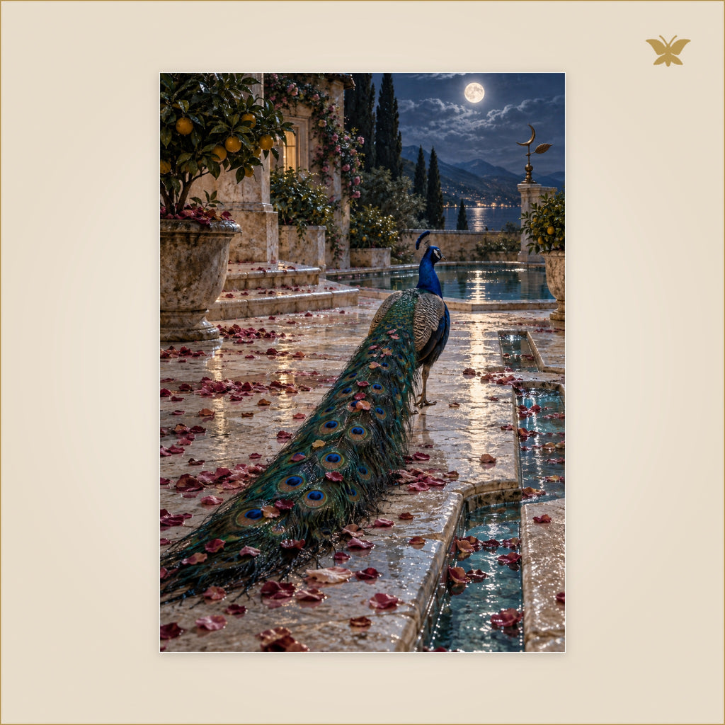 The Peacock After the Rose Rain — grand format 70 × 100 cm