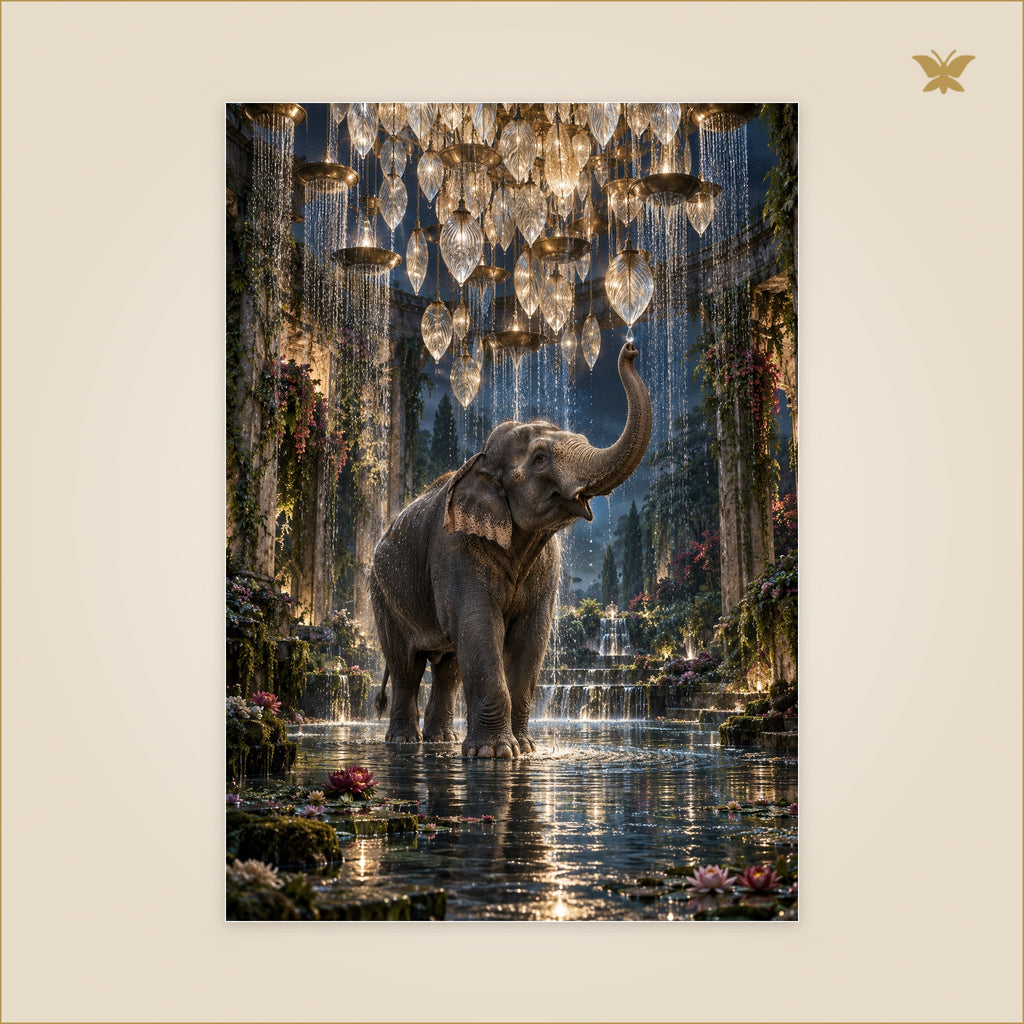 The Elephant Beneath the Rain Chandelier — grand format 70 × 100 cm