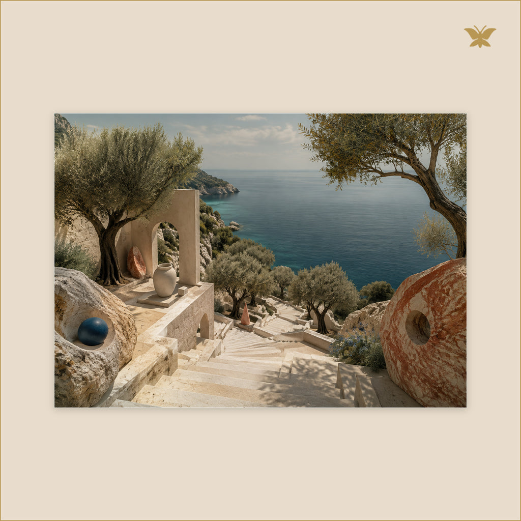 The Olive Staircase to the Quiet Sea — grand format 70 × 50 cm