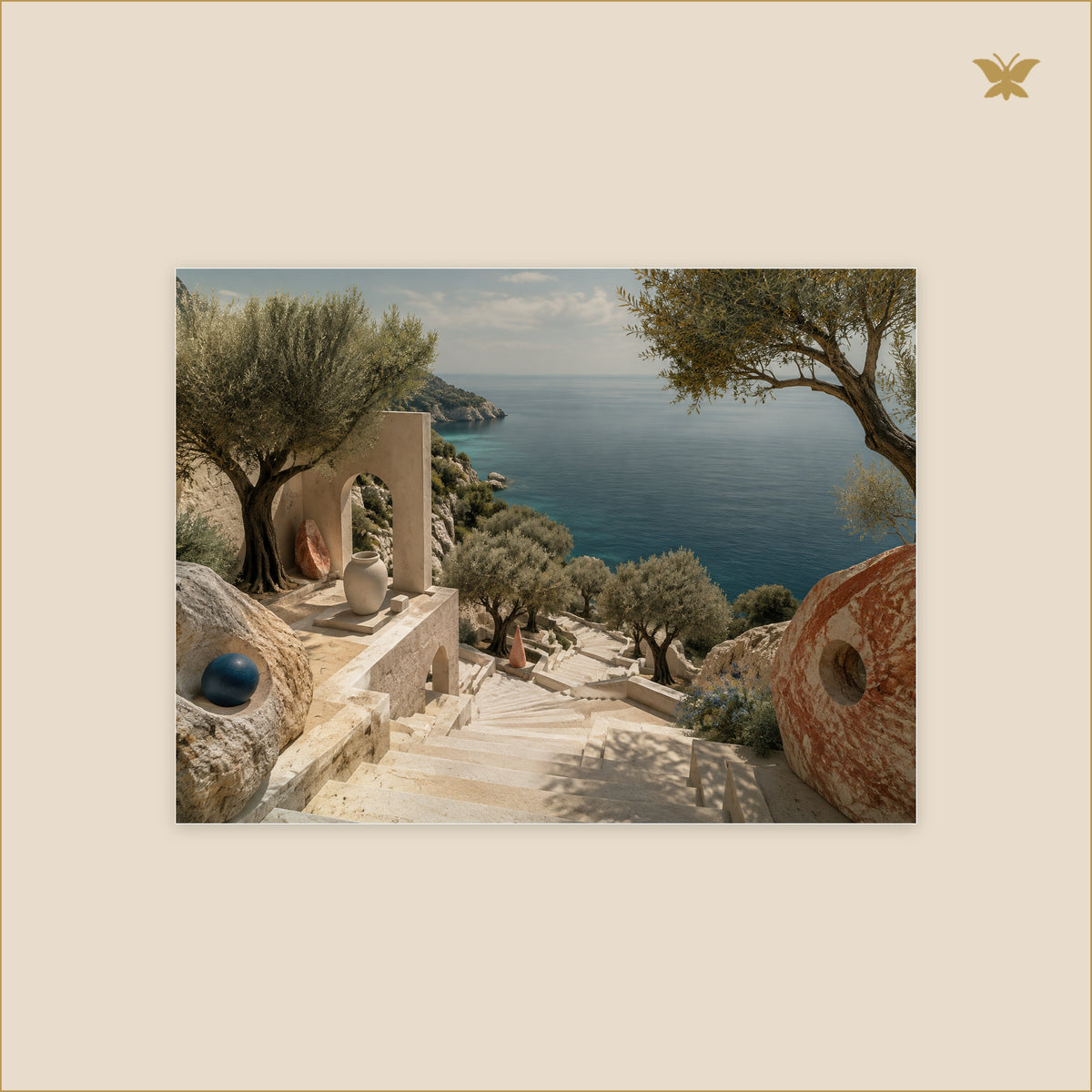 The Olive Staircase to the Quiet Sea — petit format 40 × 30 cm