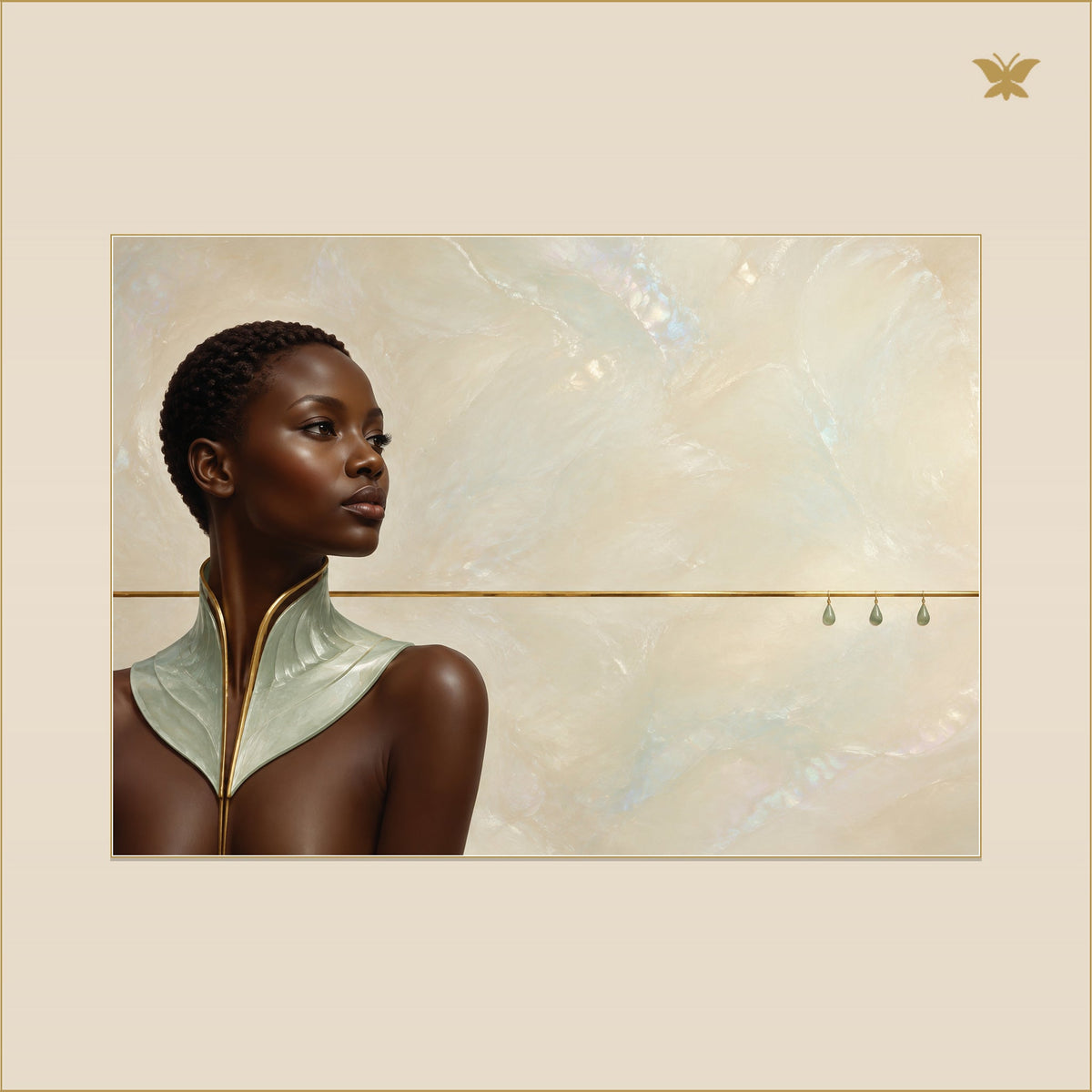 The Woman at the Brass Horizon — mockup grand 70 × 50 cm