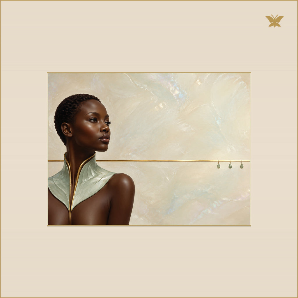 The Woman at the Brass Horizon — mockup petit 40 × 30 cm