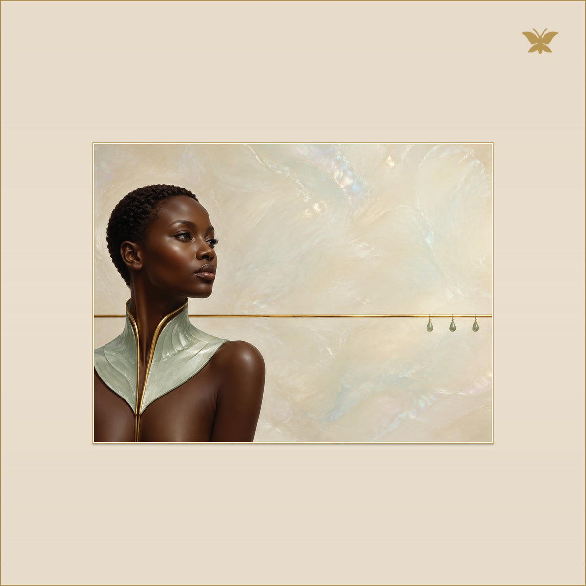 The Woman at the Brass Horizon — mockup petit 40 × 30 cm