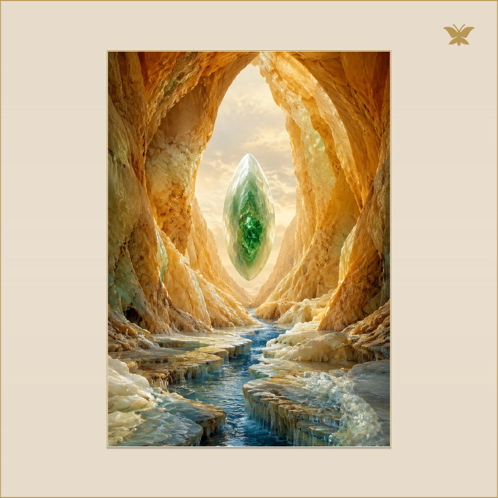 The Opaline Seed Inside the Golden Gorge — mockup Premium grand 50 × 70 cm