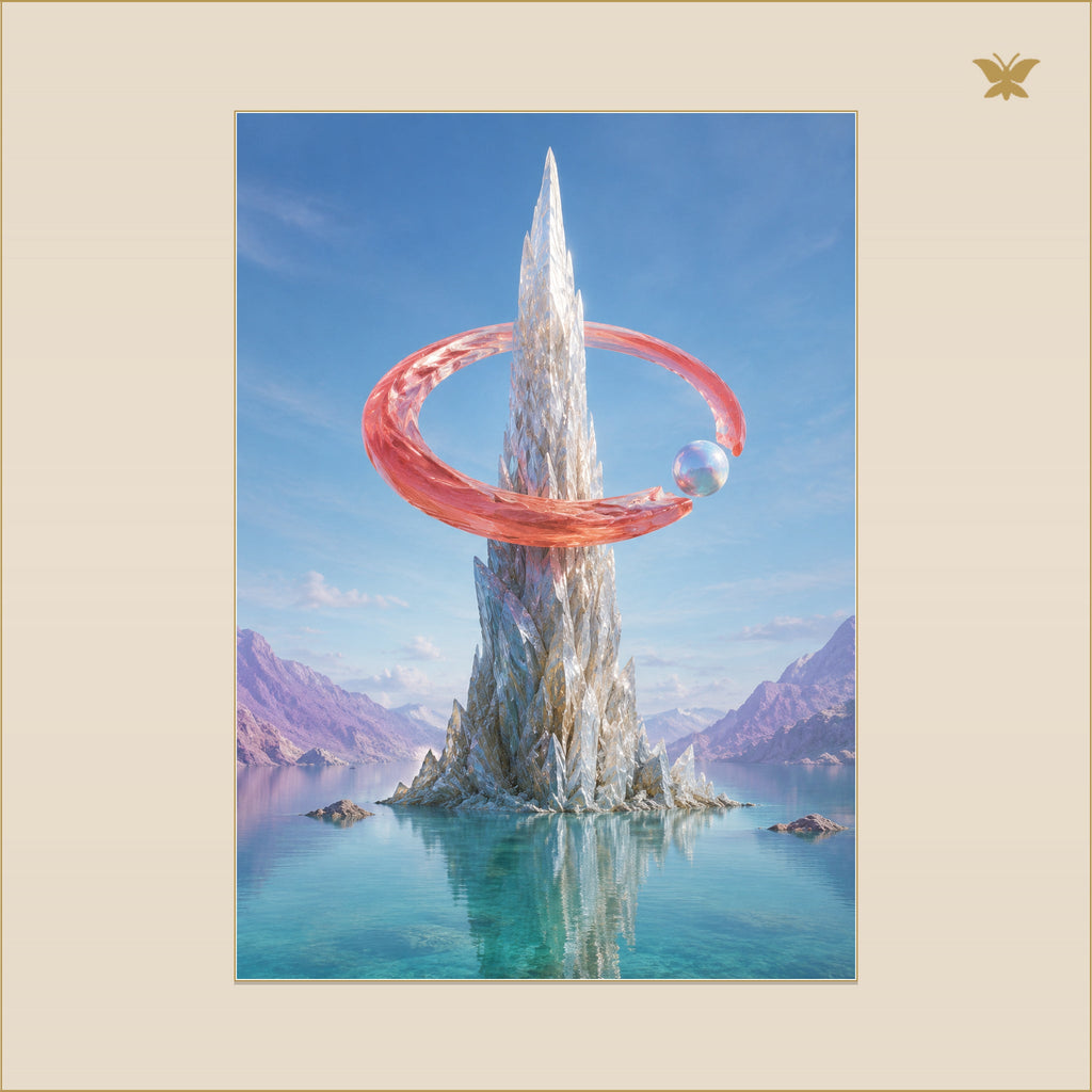 The Coral Orbit at the Silver Pinnacle — mockup Premium grand 50 × 70 cm