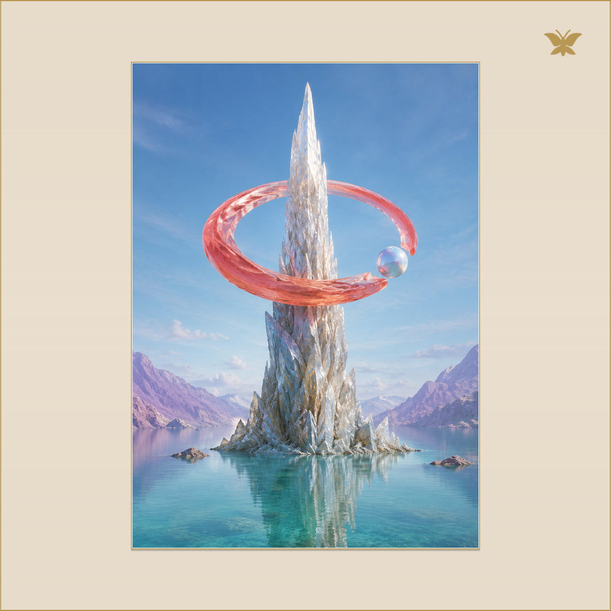 The Coral Orbit at the Silver Pinnacle — mockup Premium grand 50 × 70 cm