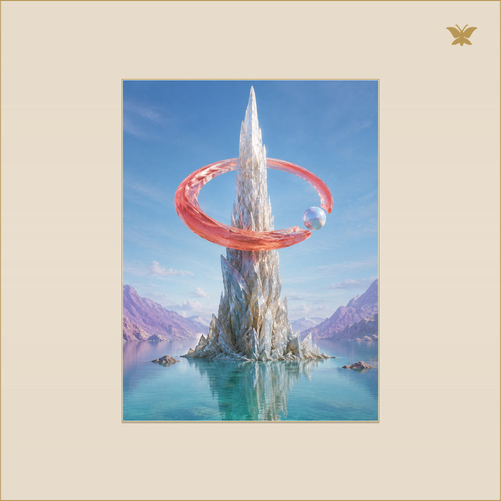 The Coral Orbit at the Silver Pinnacle — mockup Premium petit 30 × 40 cm