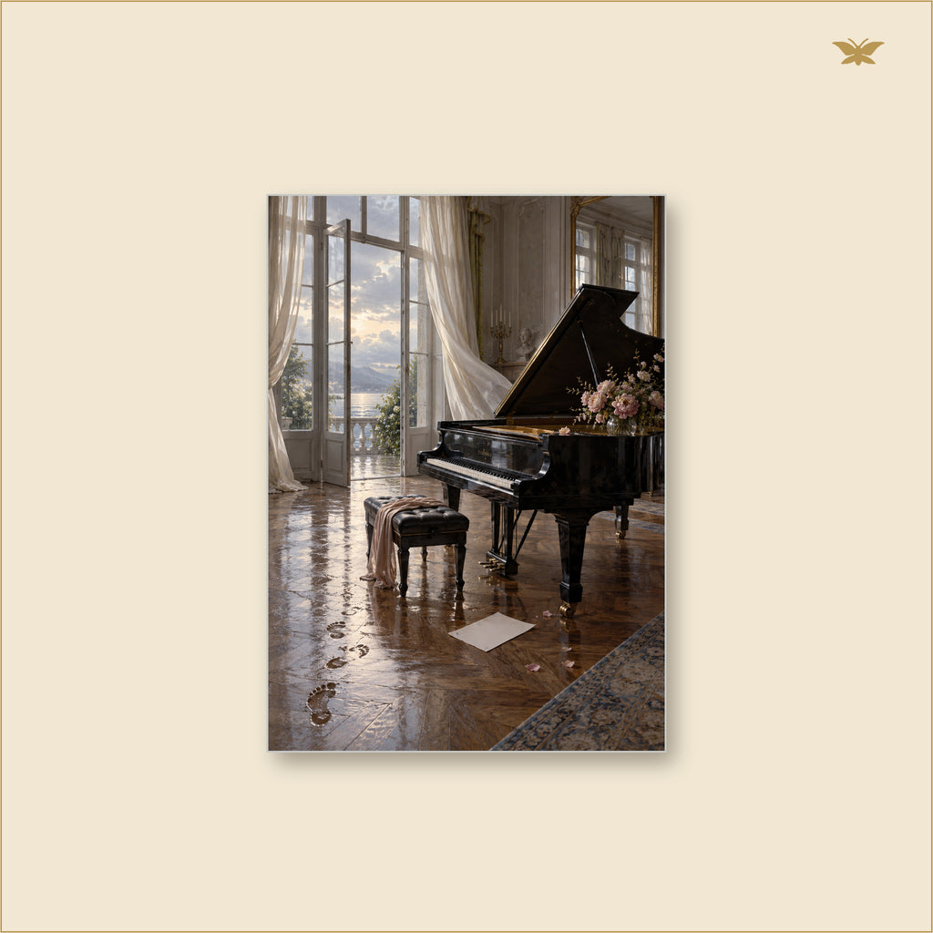 The Piano Kept the Rain — tableau aluminium, mockup grand format