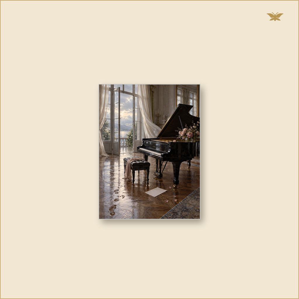 The Piano Kept the Rain — tableau aluminium, mockup petit format
