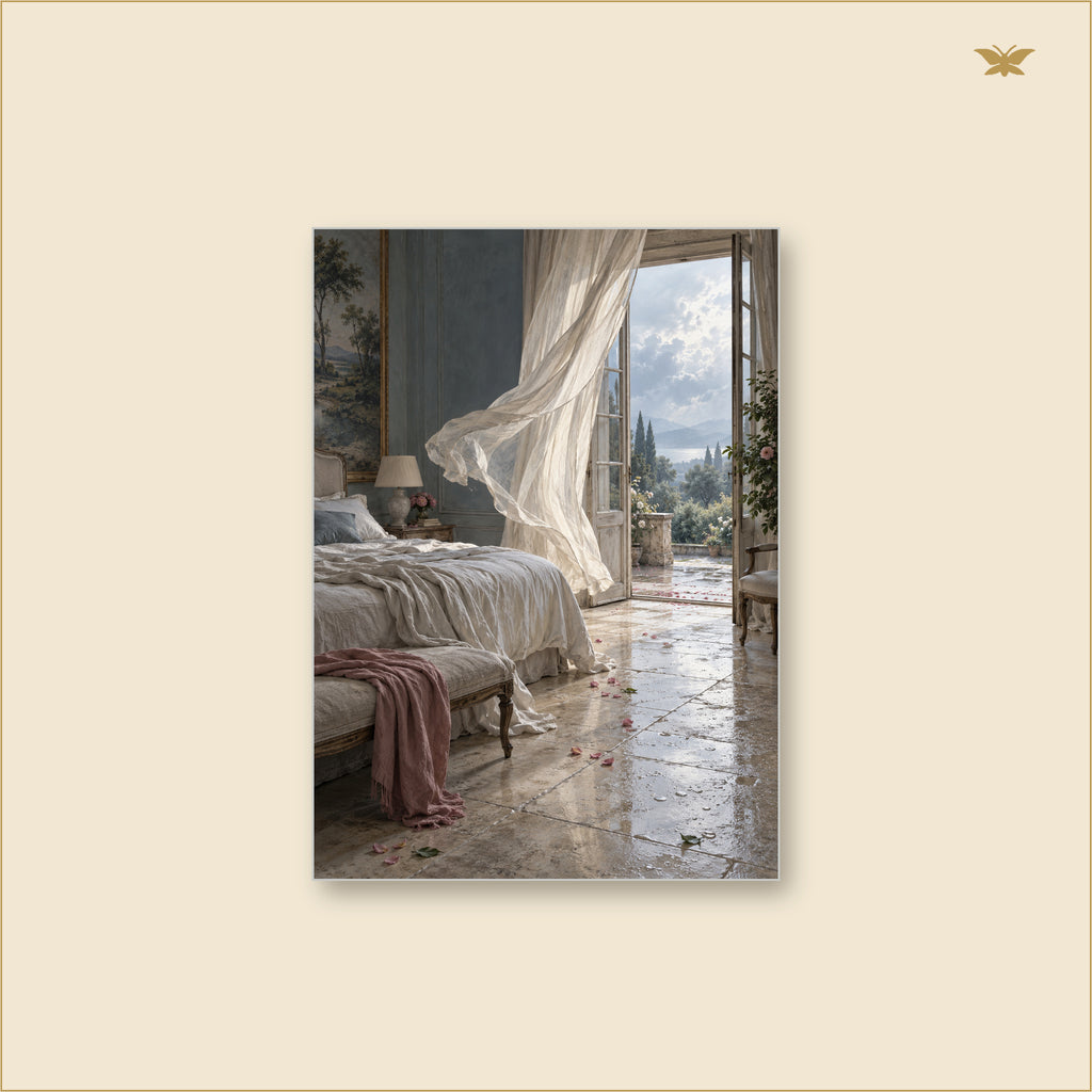 The Room Where the Curtain Traveled — tableau aluminium, mockup grand format