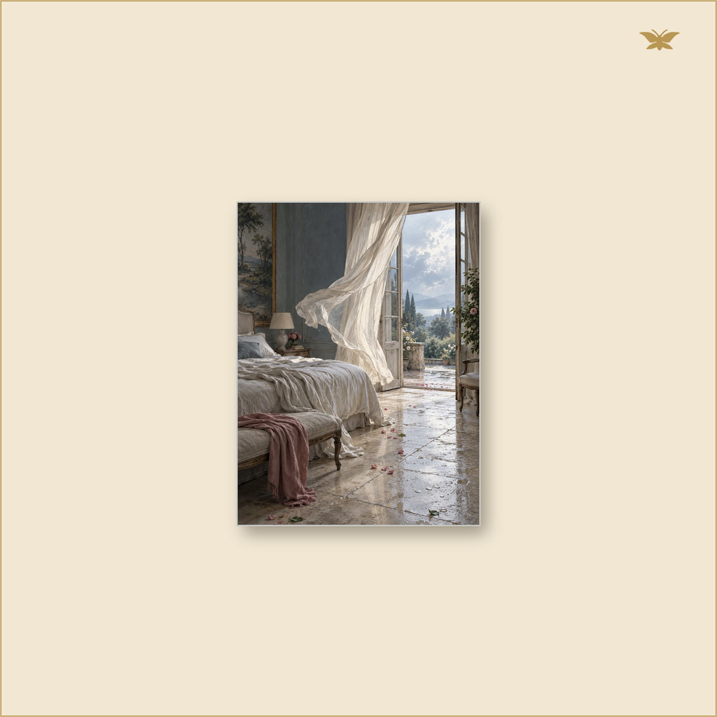 The Room Where the Curtain Traveled — tableau aluminium, mockup petit format