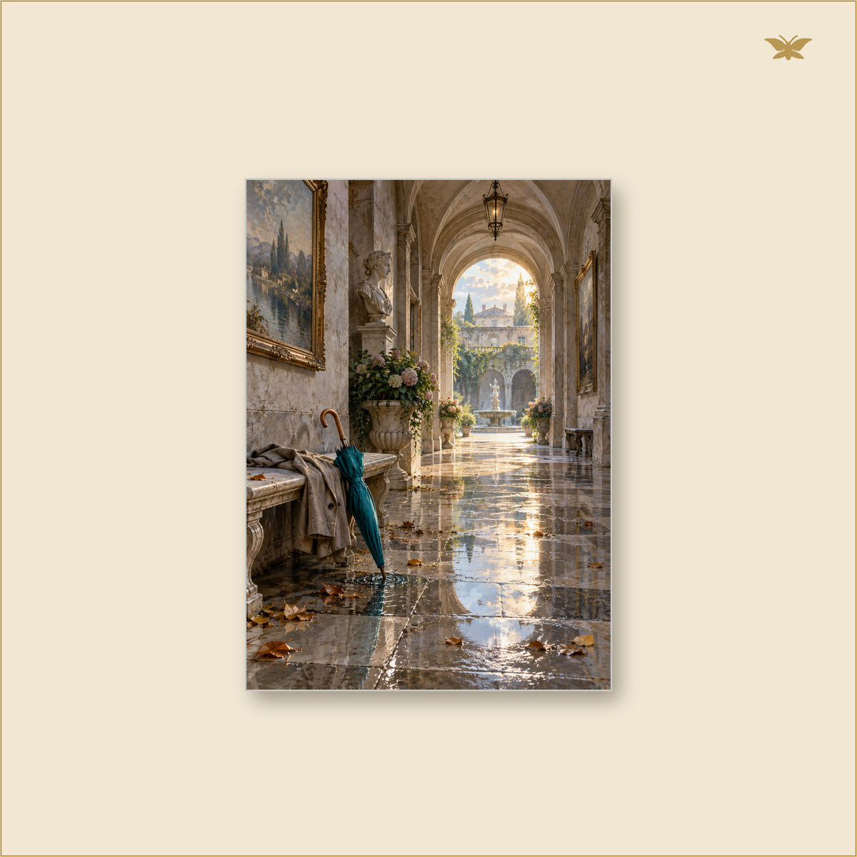 The Last Umbrella in the Gallery — tableau aluminium, mockup grand format