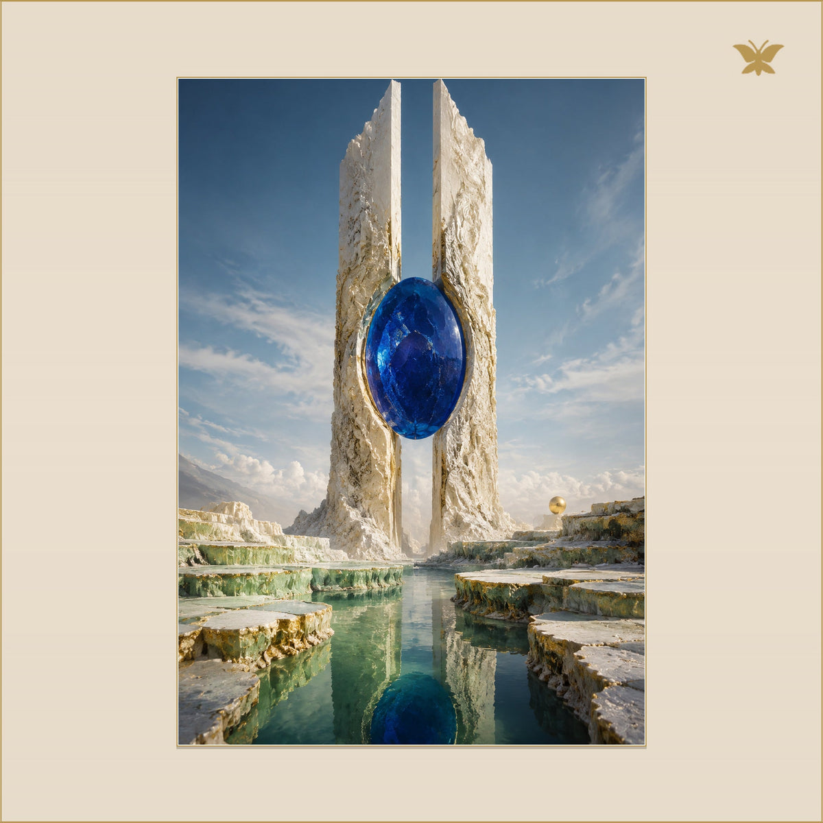 The Cobalt Gate in the Ivory Monolith — mockup Premium grand 70 × 100 cm