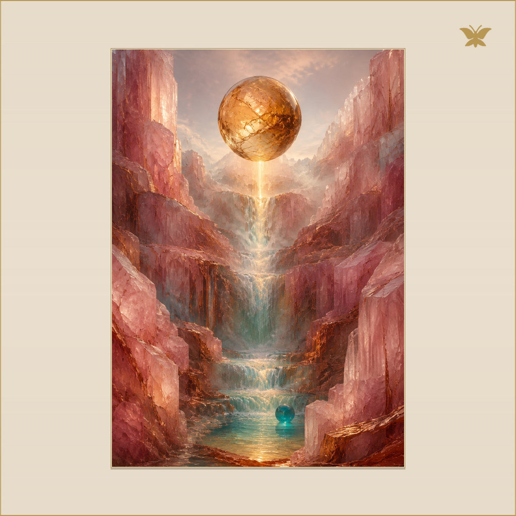 The Golden Sphere Above the Rose Cascade — mockup Premium grand 70 × 100 cm