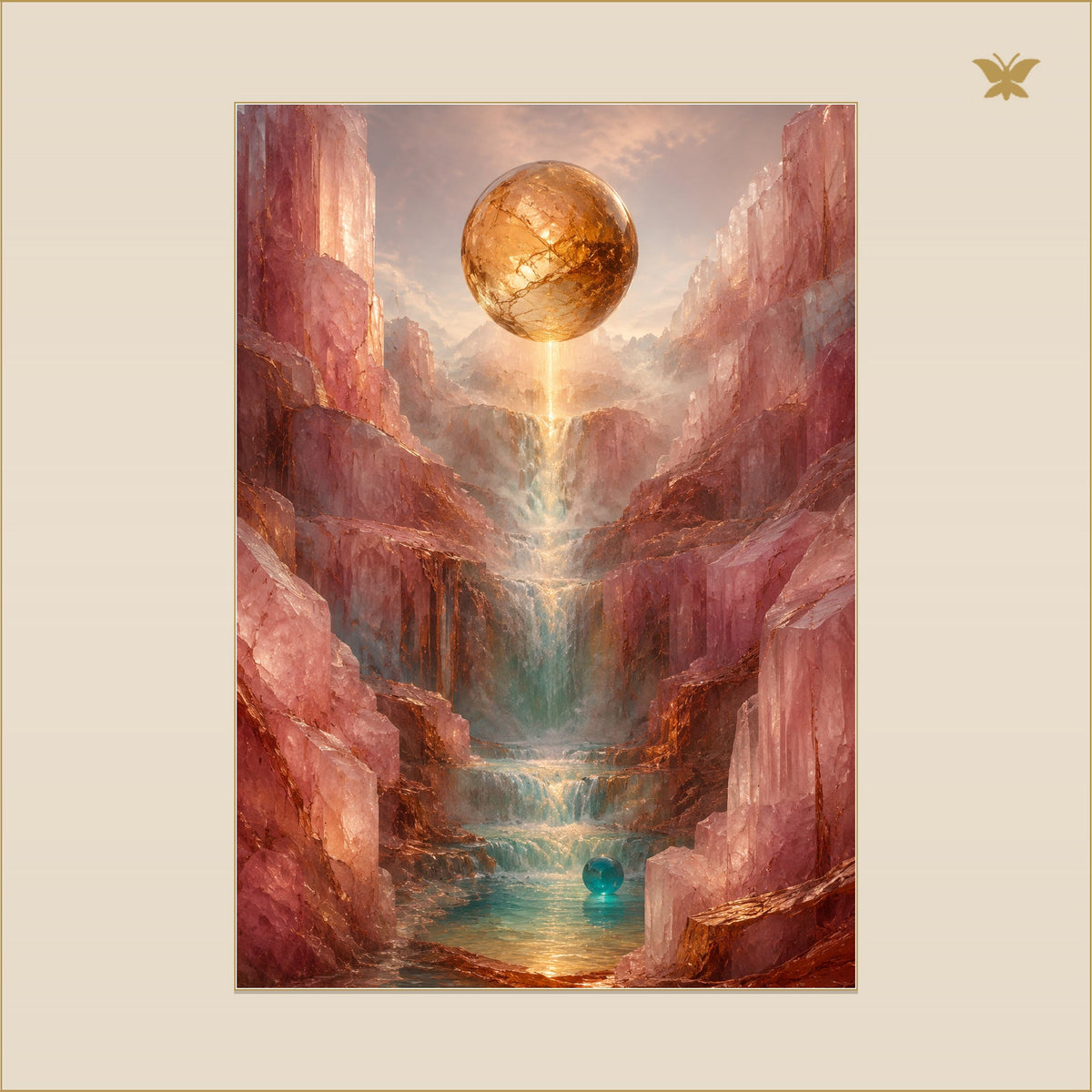 The Golden Sphere Above the Rose Cascade — mockup Premium grand 70 × 100 cm