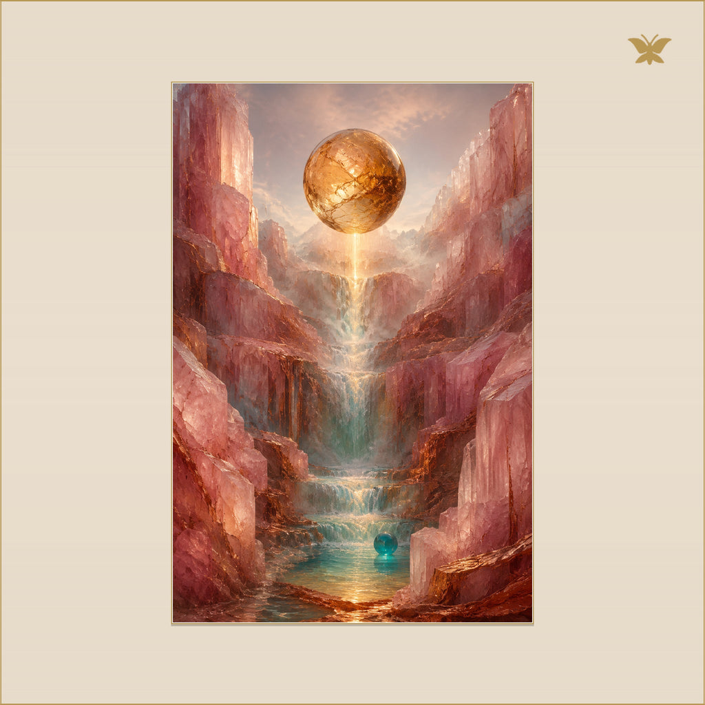 The Golden Sphere Above the Rose Cascade — mockup Premium petit 60 × 90 cm
