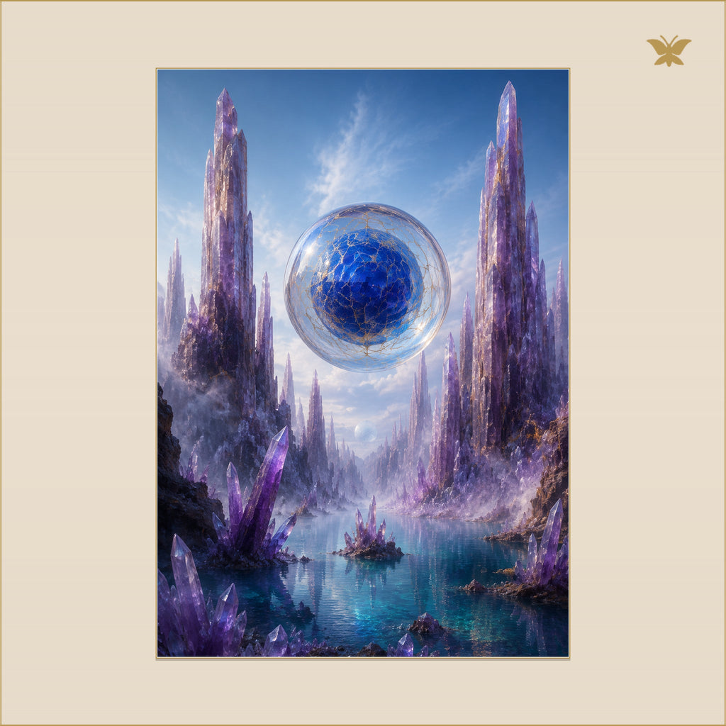 The Glass Planet Between the Amethyst Towers — mockup Premium grand 70 × 100 cm