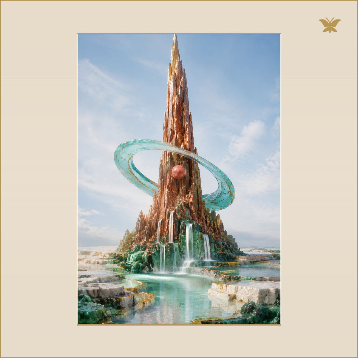 The Glass Orbit of the Copper Spire — mockup Premium grand 70 × 100 cm