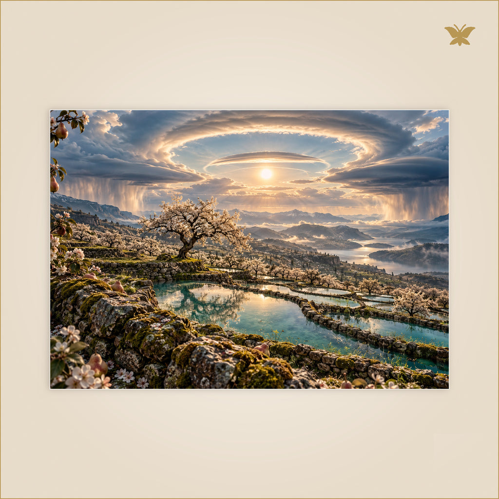 The Orchard Beneath the Halo Storm — grand format 100 × 70 cm