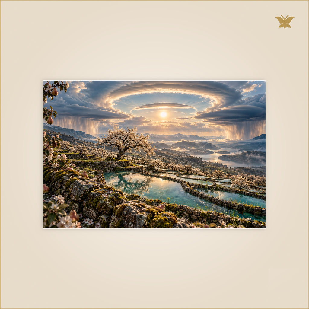 The Orchard Beneath the Halo Storm — petit format 90 × 60 cm