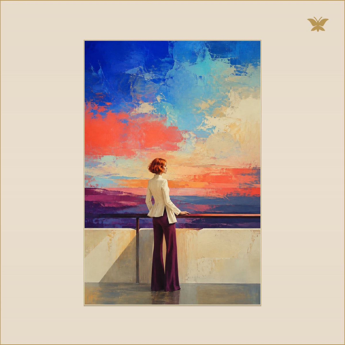The Woman at the Cobalt Balcony — mockup petit 60 × 90 cm