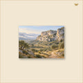 The Village Carved into Morning — tableau aluminium, mockup grand format